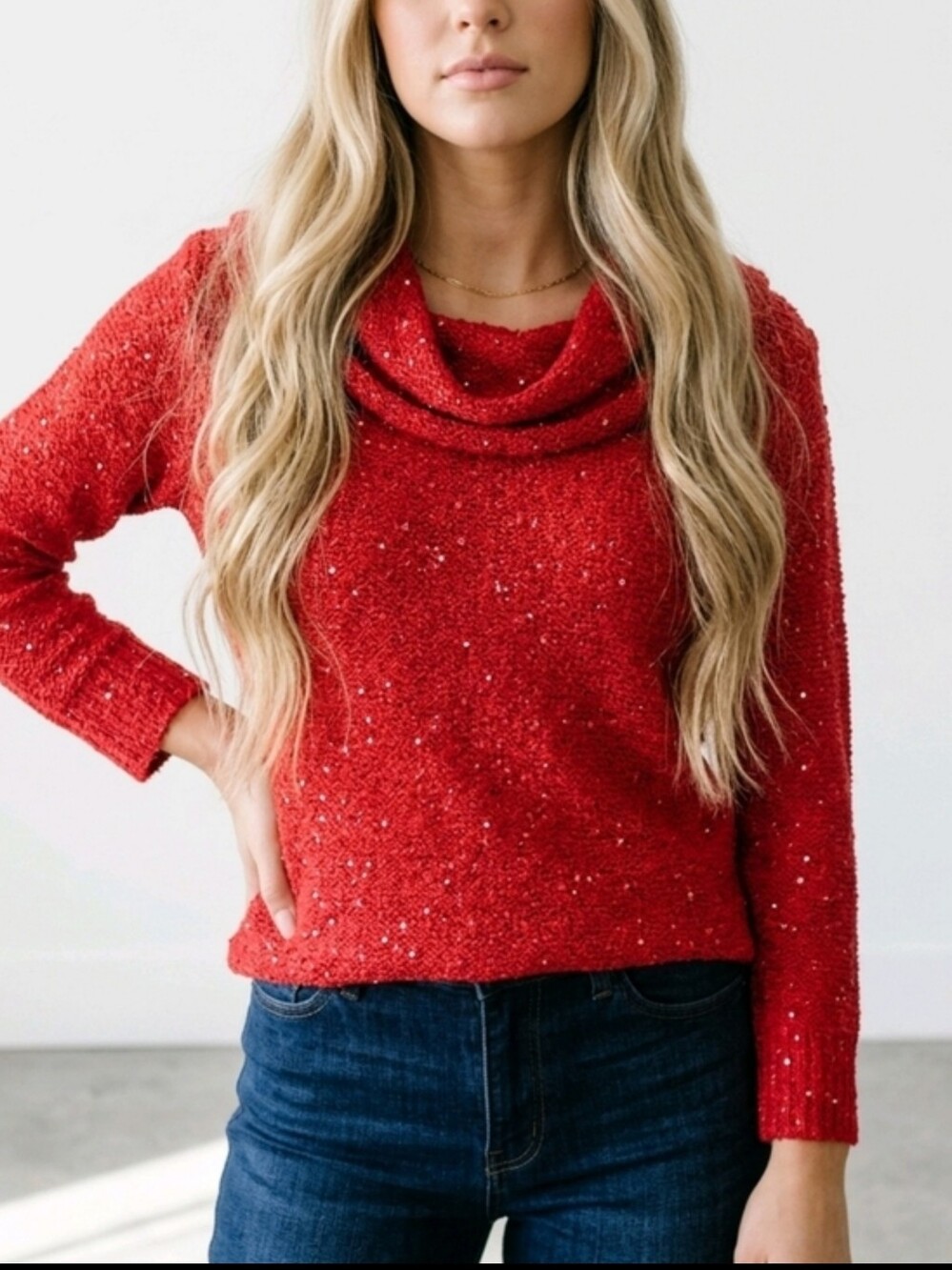 Madison Red Sequin Cowl Neck Sweater Small 3/4 Sleeves Pullover - Picture 16 of 16